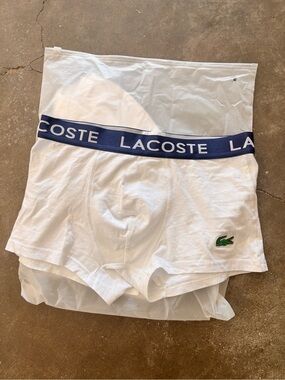 Lacoste White Boxer Briefs with Navy Logo Waistband and Green Croc